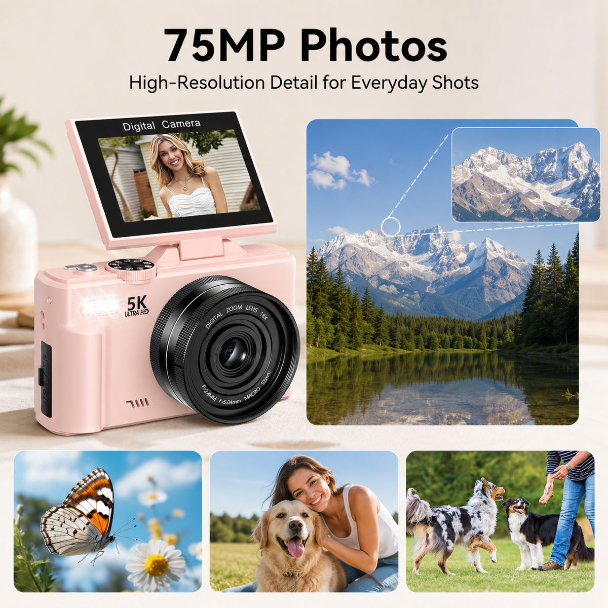 FLATIC Compact Digital Camera, Pink, 64GB SD Card - image 3
