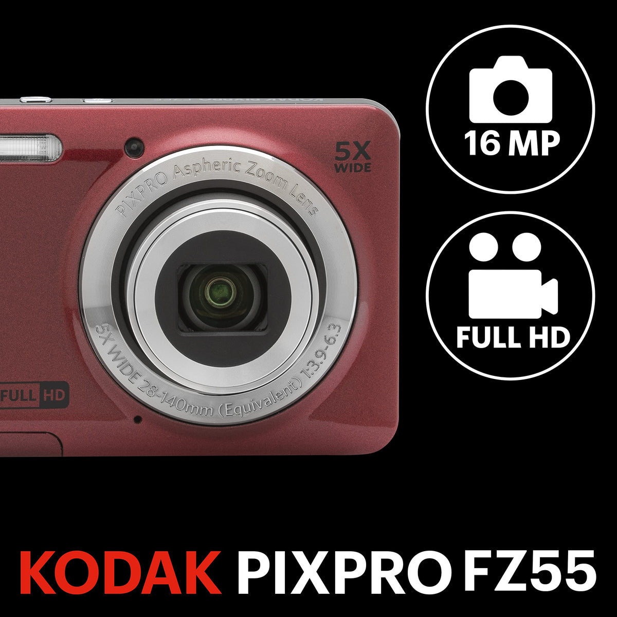 KODAK PIXPRO FZ55 Digital Camera, Red, Silver Card Reader Bundle — image 3