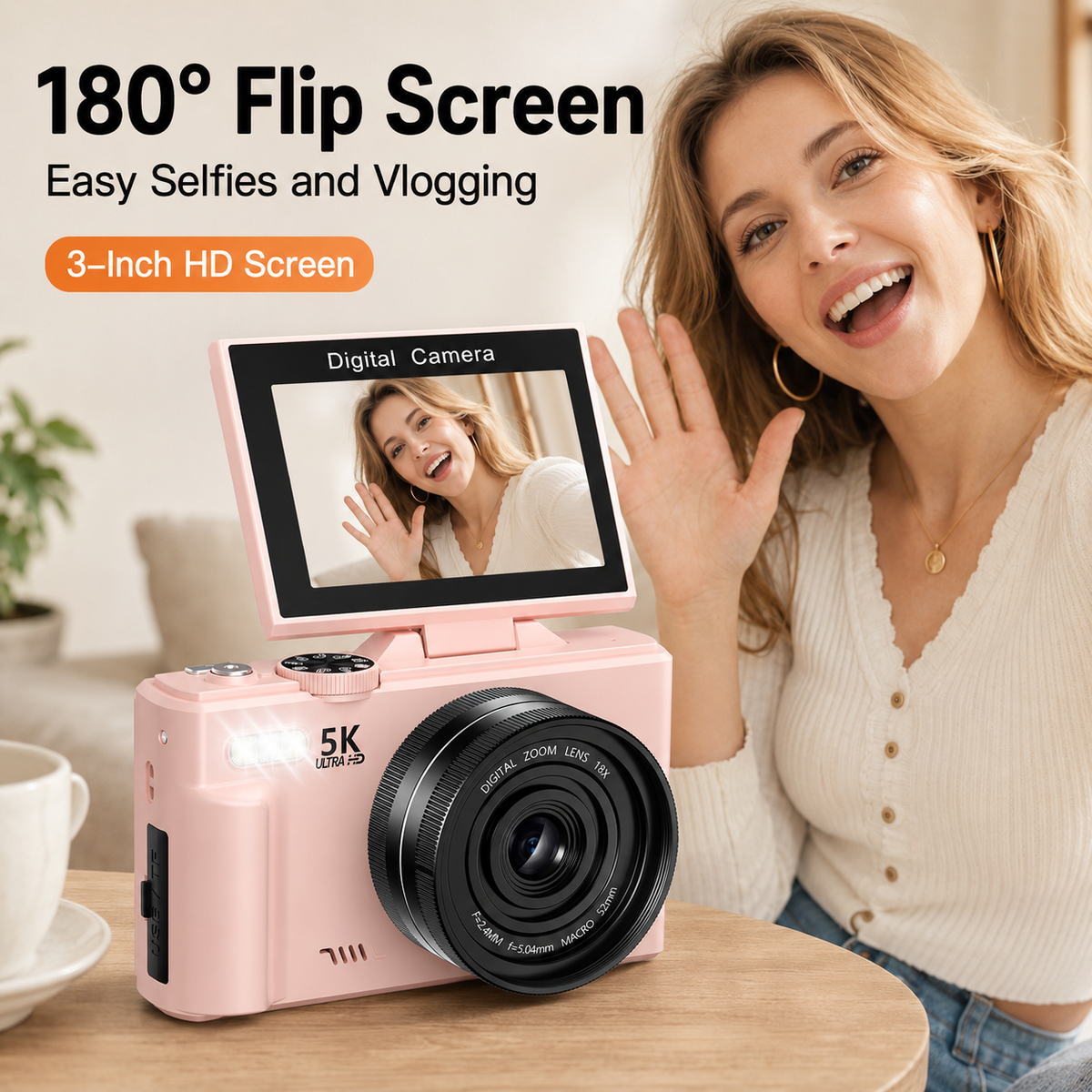 FLATIC Compact Digital Camera, Pink, 64GB SD Card - image 4