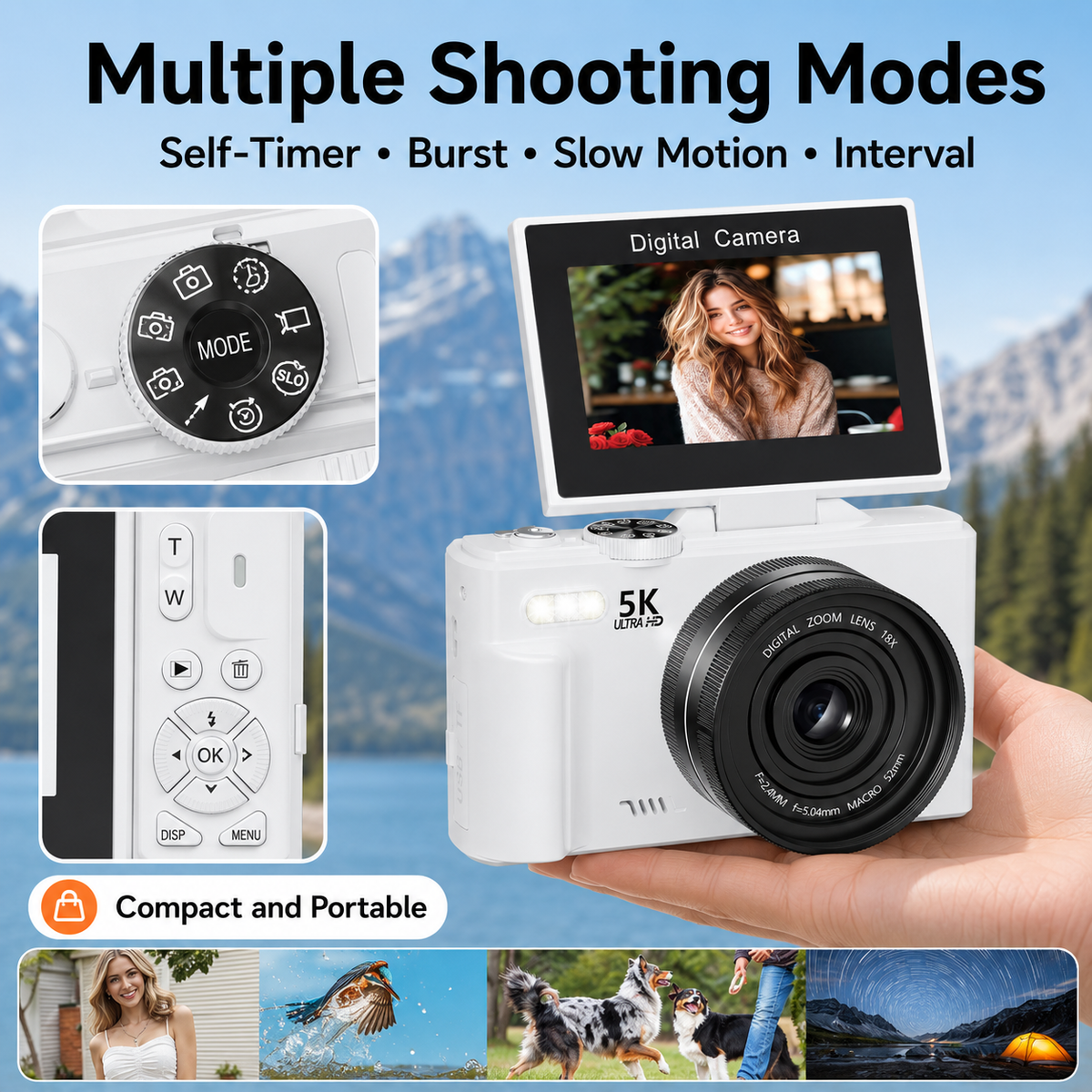 FLATIC Compact Digital Camera, White, 128GB SD Card - image 8