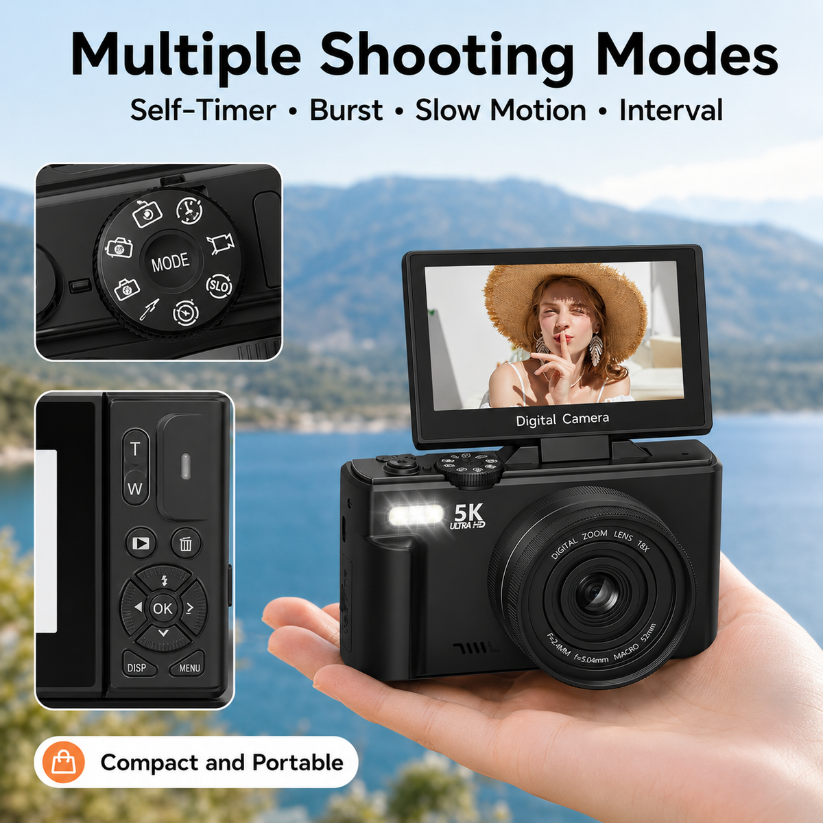 FLATIC Compact Digital Camera, Black, 128GB SD Card - image 8