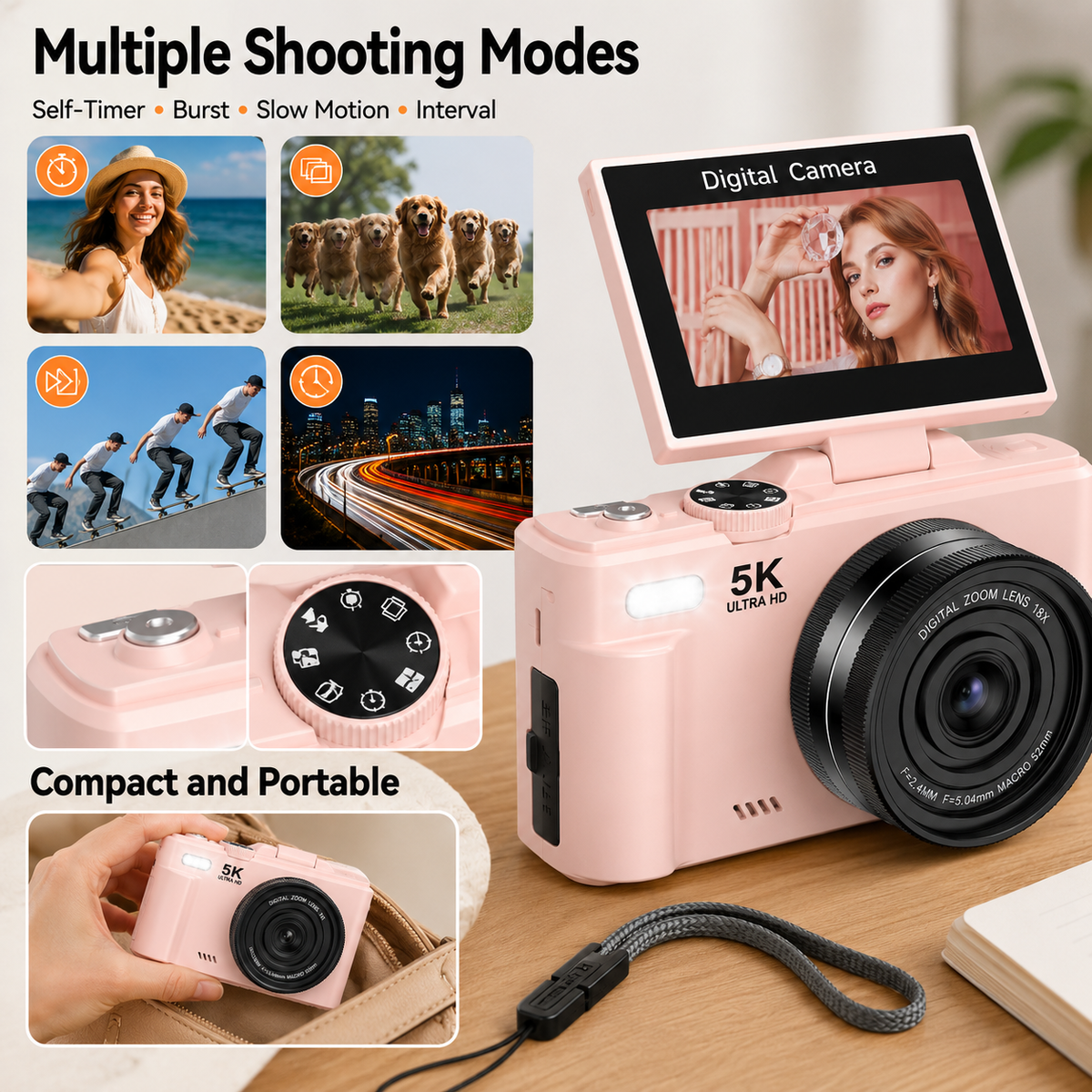 FLATIC Compact Digital Camera, Pink, 64GB SD Card - image 8