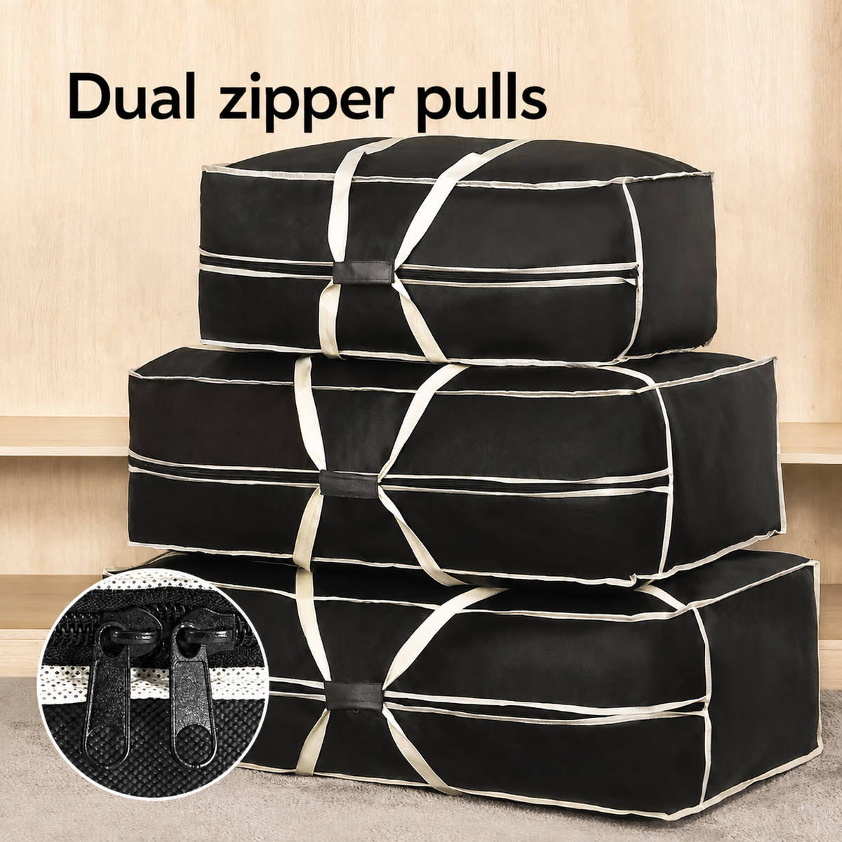 Jingzao moving bags with dual zipper pulls shown in detail