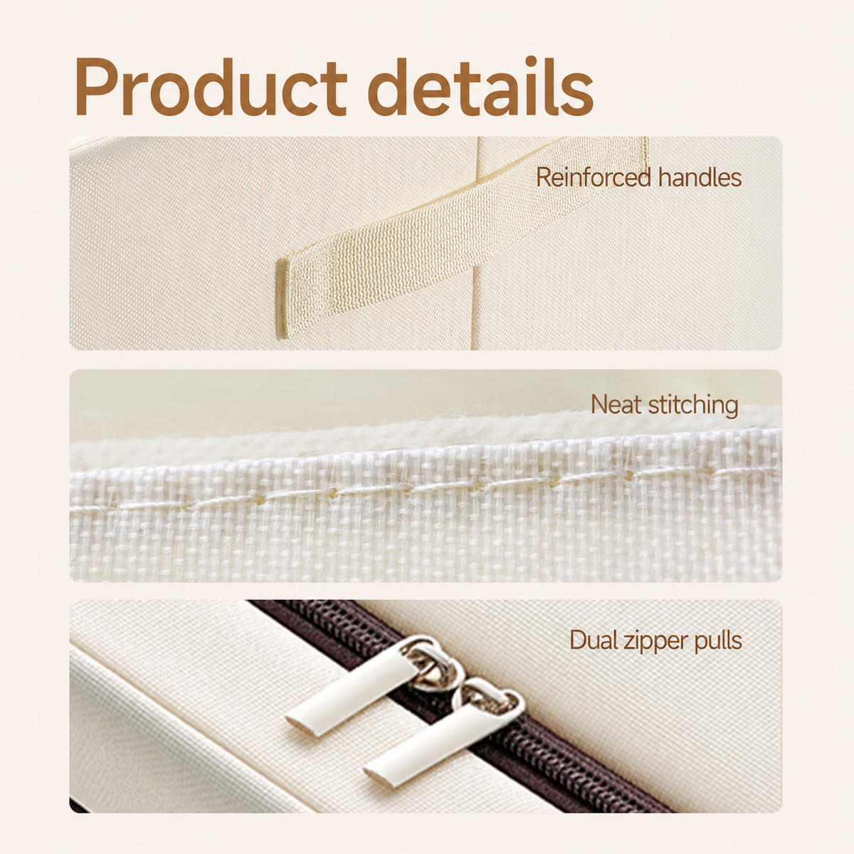 Close-up views of the storage box reinforced handle, stitching and dual zipper pulls
