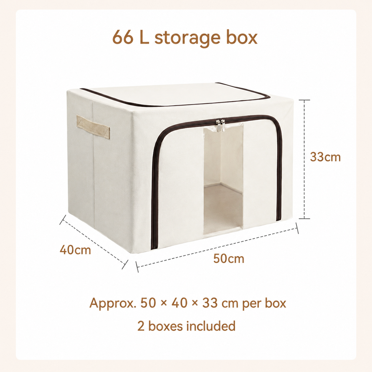 66 L box dimensions: approximately 50 cm wide by 40 cm deep by 33 cm high; two boxes included