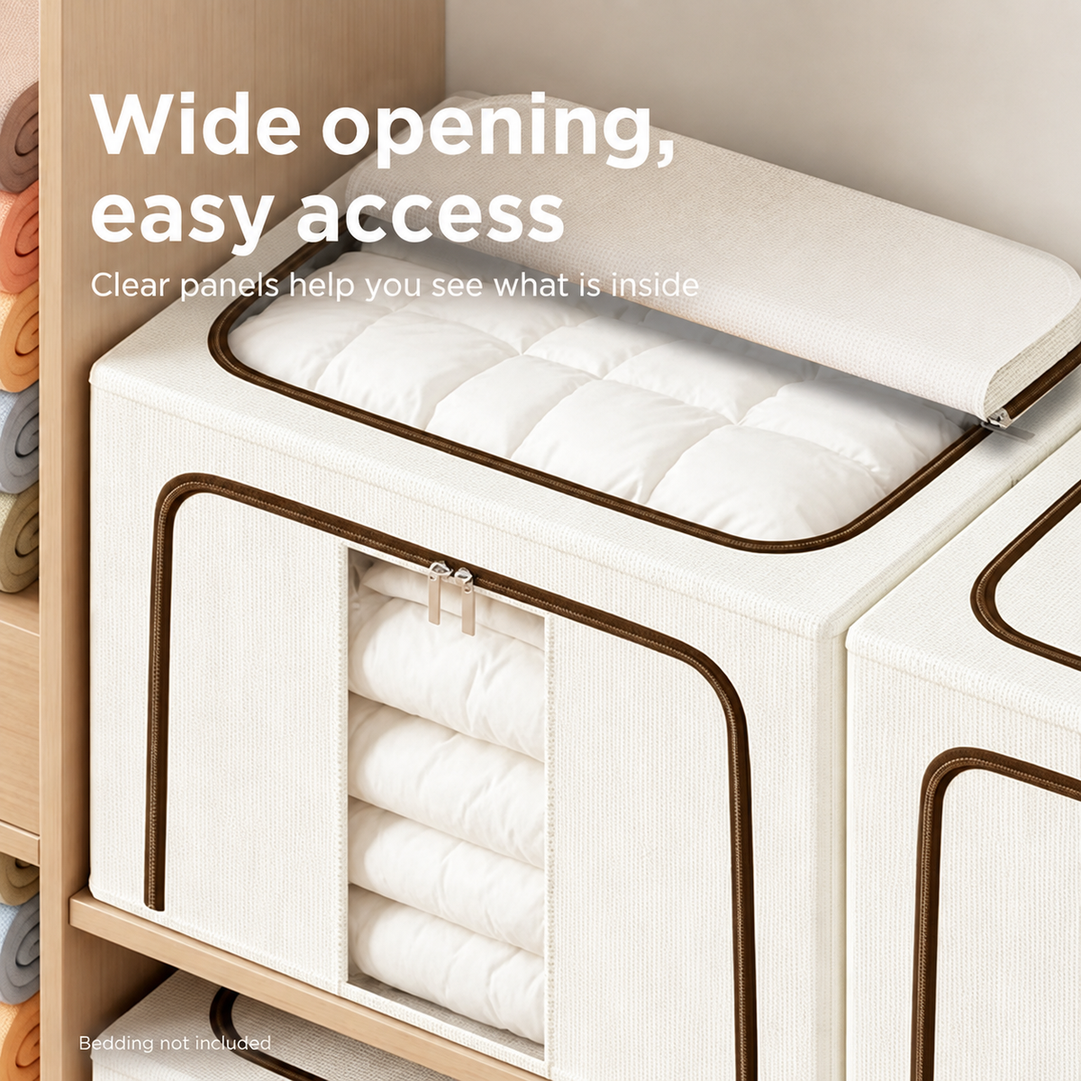Jingzao 66 L storage box with wide top opening and clear front panel; bedding not included
