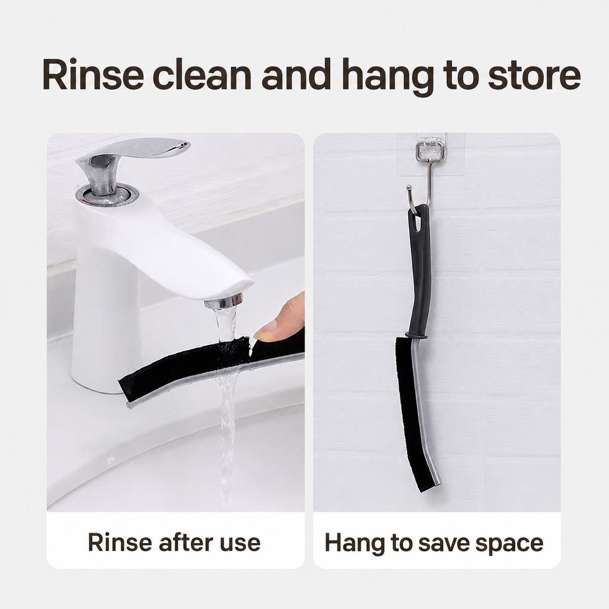 JUQI narrow gap brush shown rinsed after use and hanging for storage