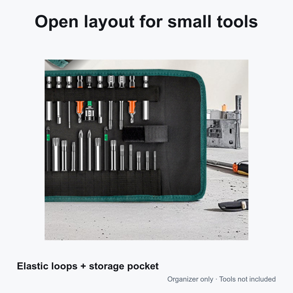 Black and teal tool organizer roll opened to show elastic loops and storage pocket, tools not included