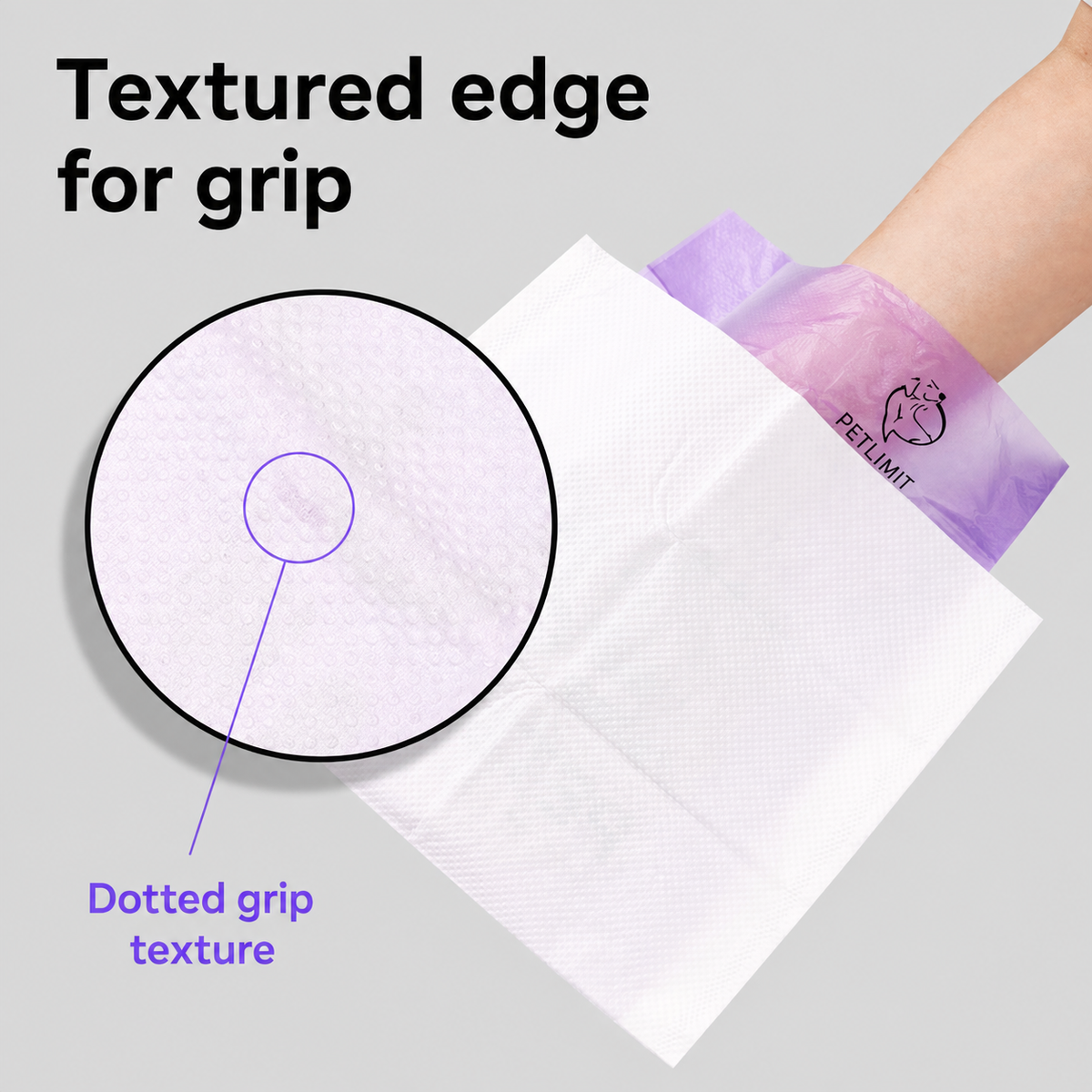 PETLIMIT purple pet waste bag textured edge detail