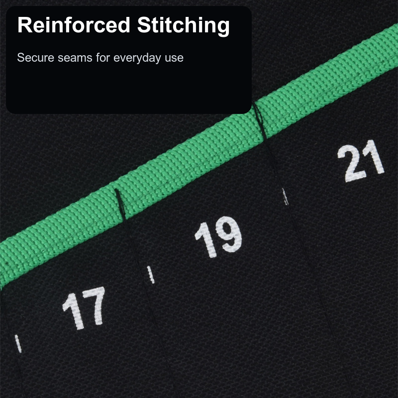 Close-up of reinforced stitching on the green wrench organizer roll