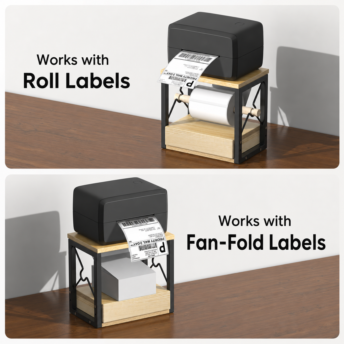 Label printer stand supports roll labels and fan-fold labels