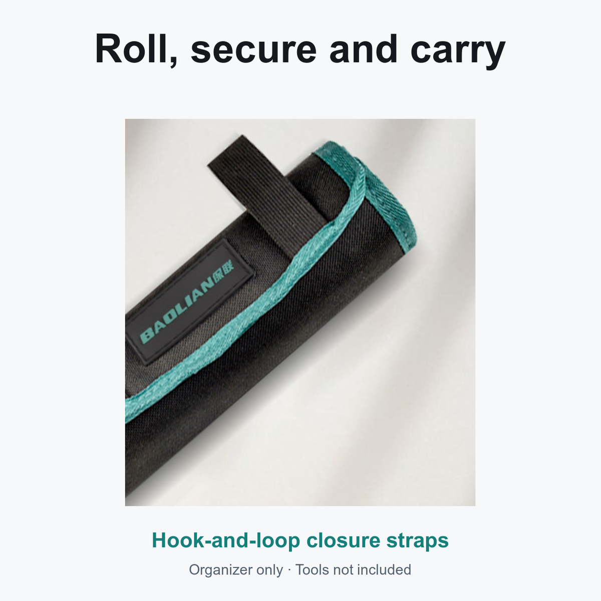 Black and teal tool organizer rolled closed with hook-and-loop straps