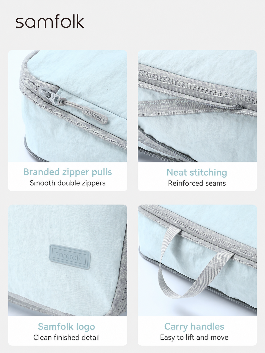 Samfolk packing cube zipper pulls, stitching, logo and carry handle details