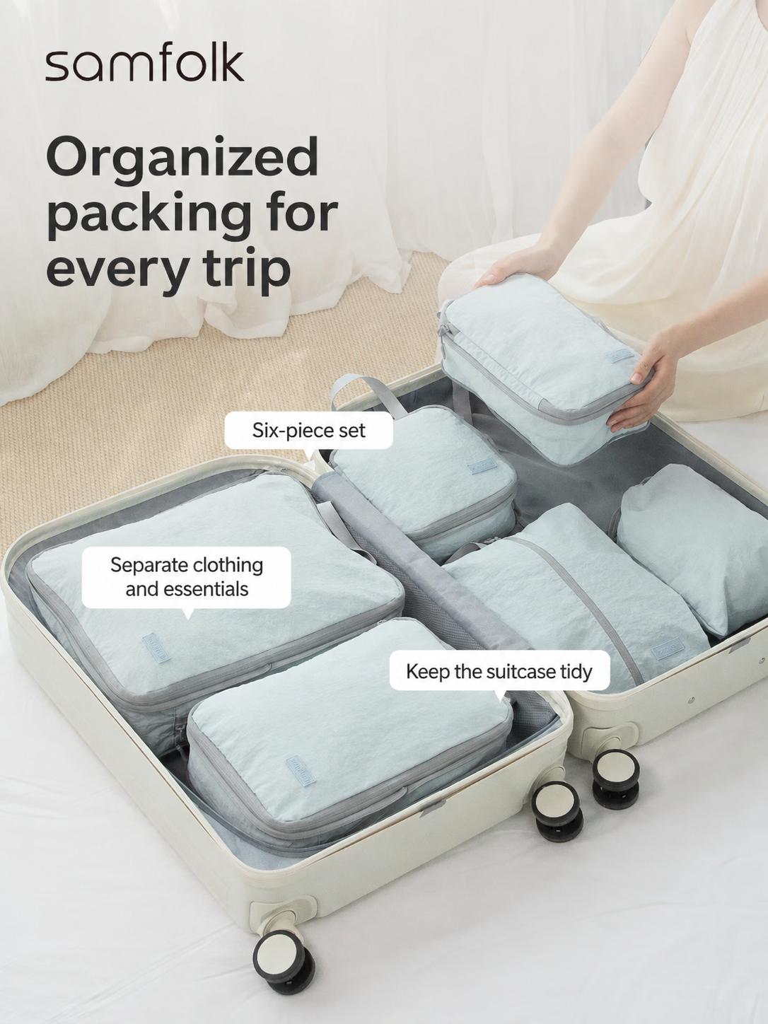 Samfolk Mist Blue six-piece packing set arranged inside two suitcases