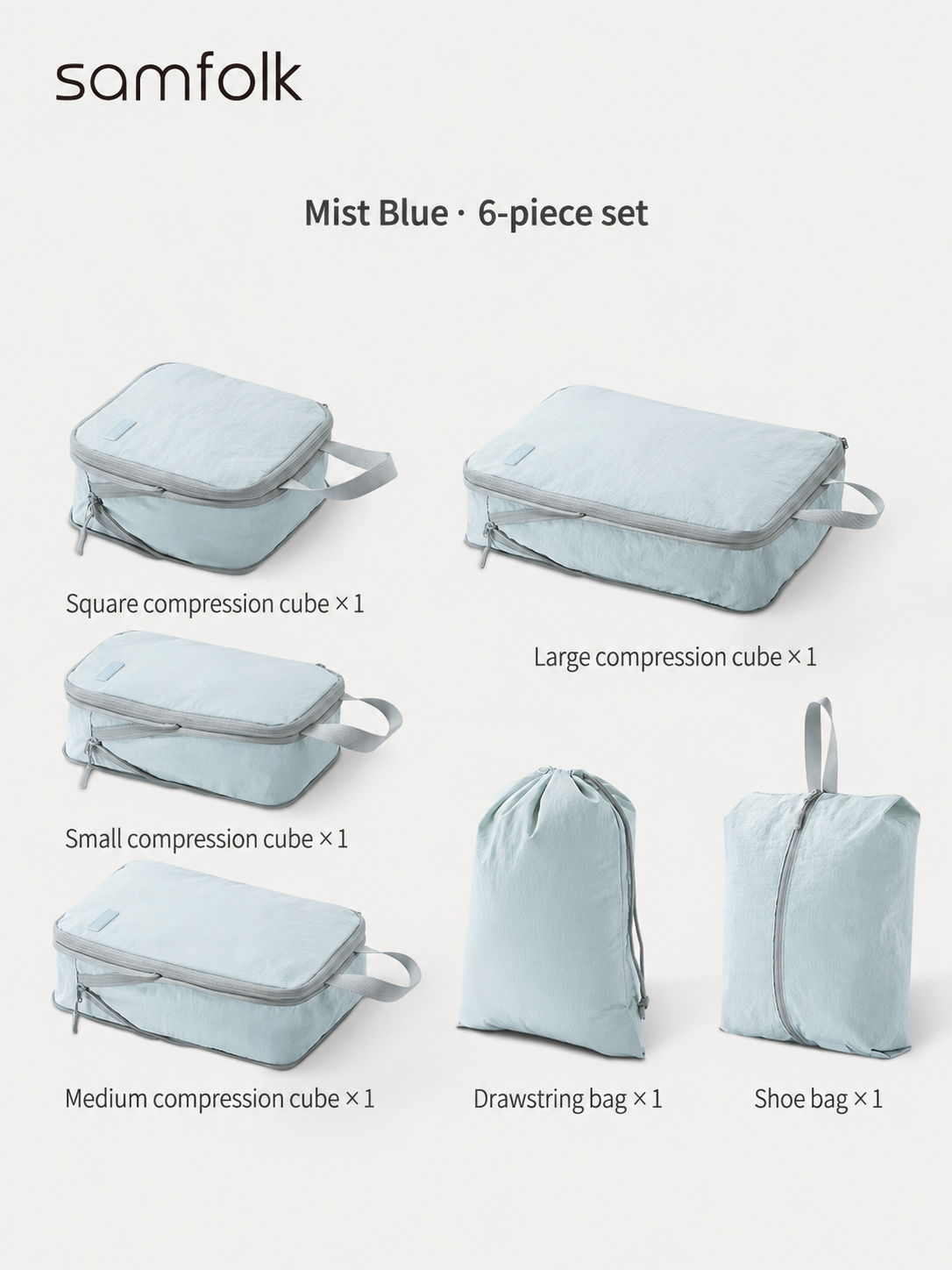 Samfolk Mist Blue six-piece set: four compression cubes, one drawstring bag and one shoe bag