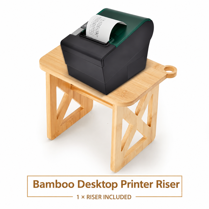 Bamboo desktop printer riser with cable port, printer not included