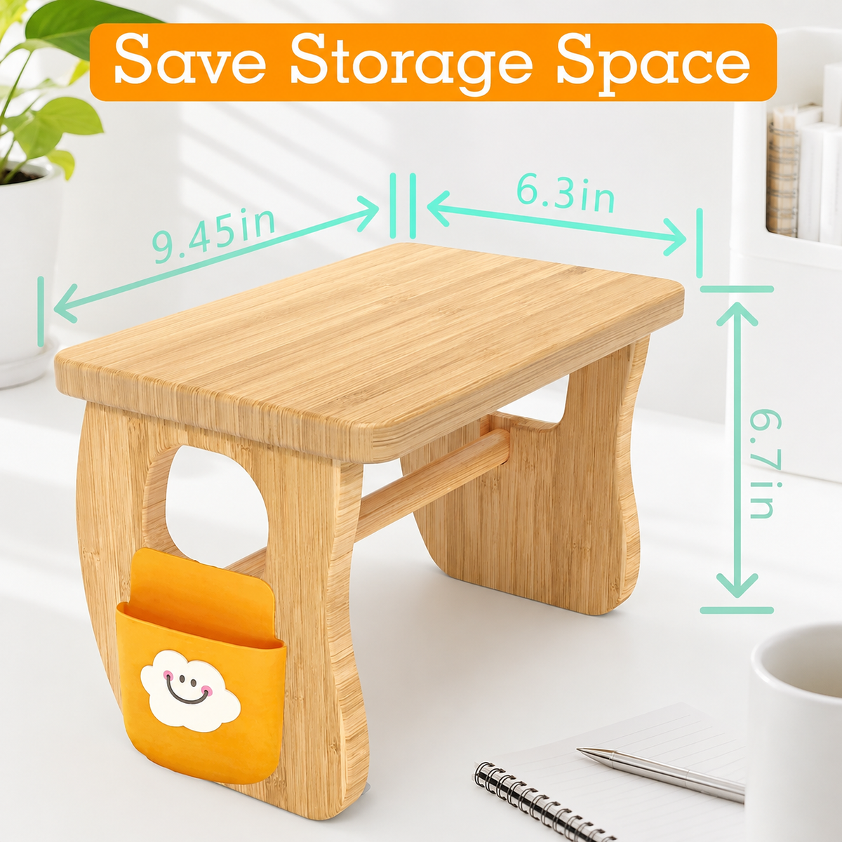 Compact natural wood desktop printer stand with side pocket and dimensions