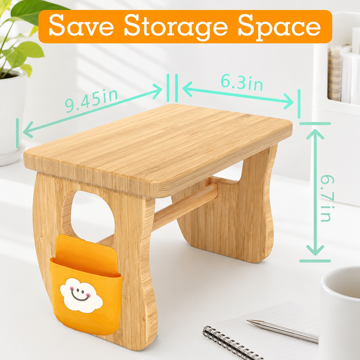 Compact natural wood desktop printer stand with side pocket and dimensions