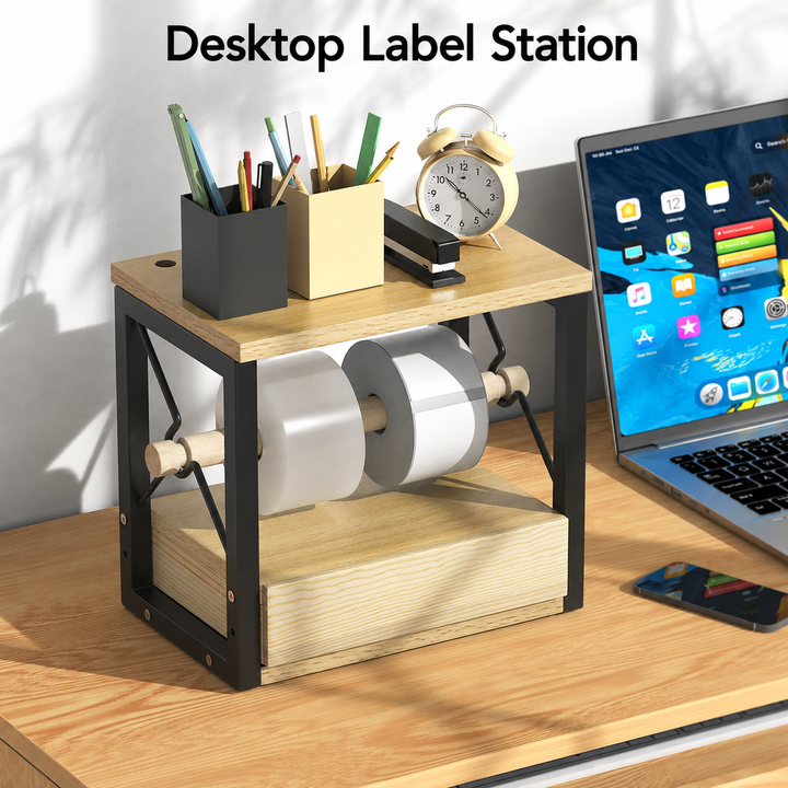 Two-tier wooden and metal desktop label printer stand with dual roll holders