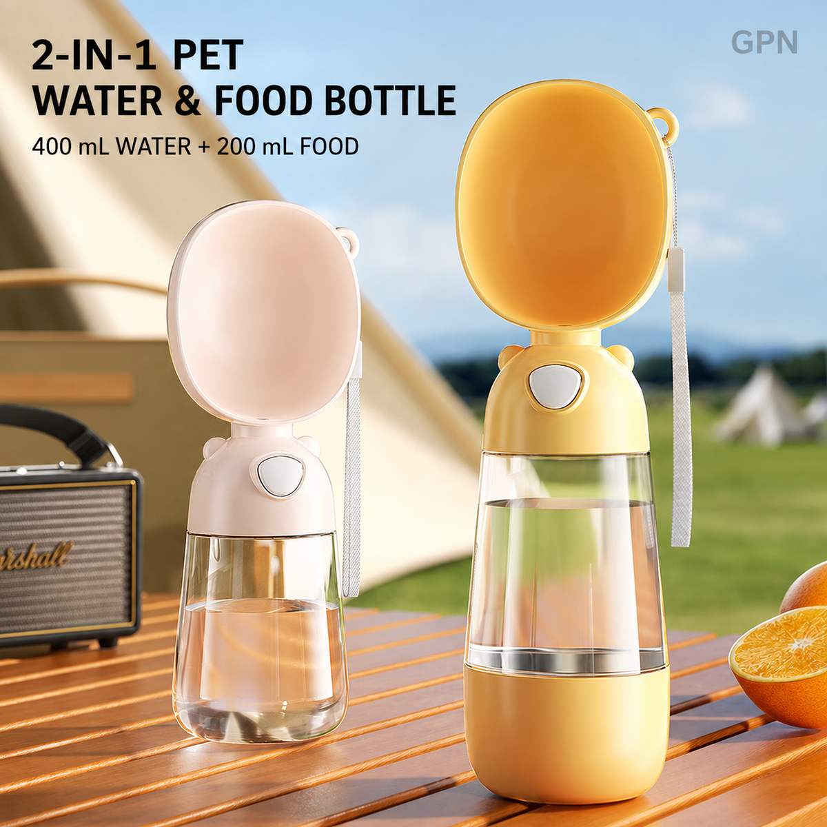 GPN portable pet water and food bottles in coffee and yellow colors
