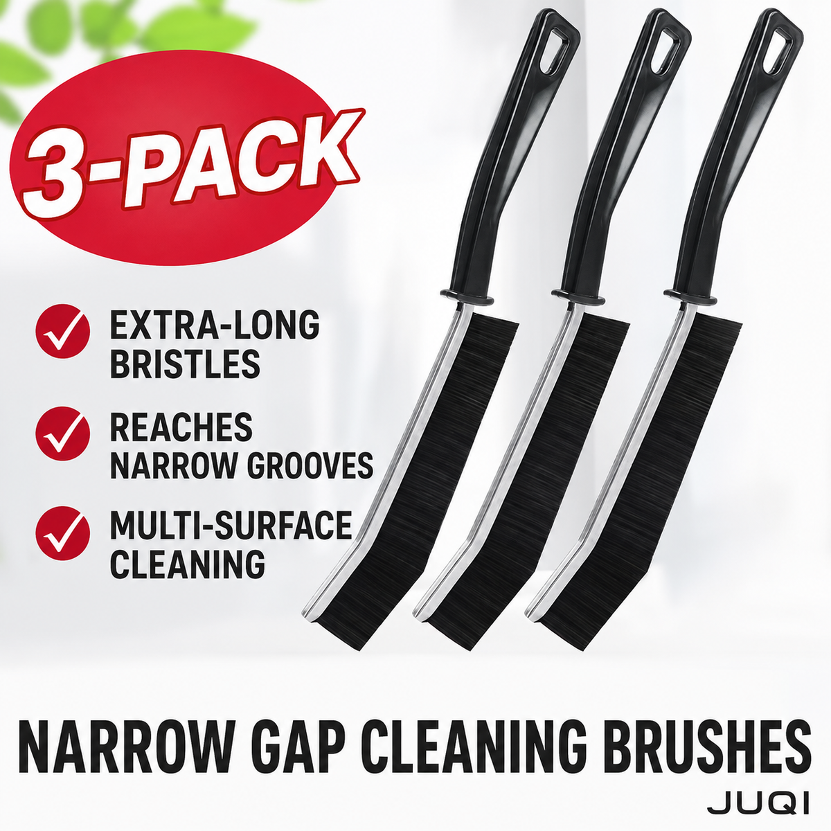 JUQI three-pack black narrow gap cleaning brushes with extra-long bristles