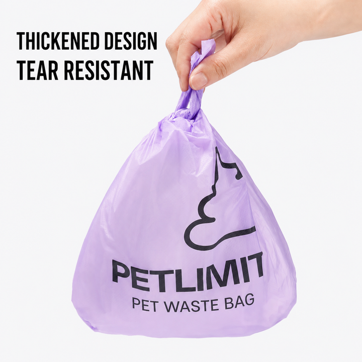 Petlimit purple pet waste bag shown tied, thickened and tear resistant