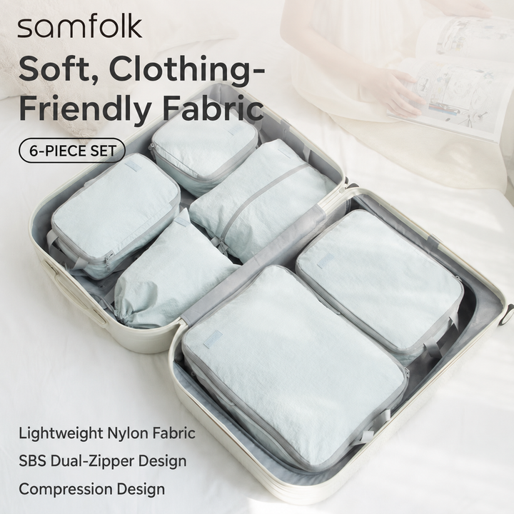 Samfolk pale blue six-piece compression packing set arranged in a suitcase