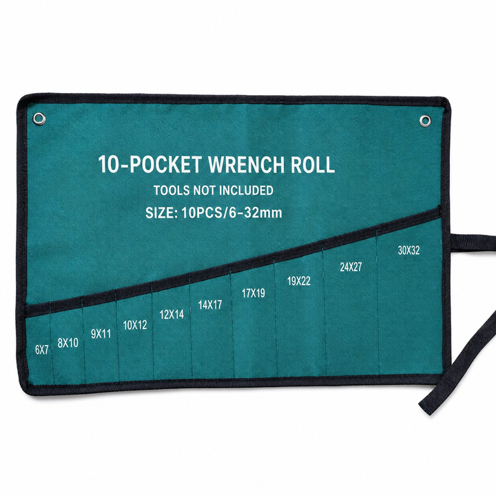 Teal 10-pocket wrench organizer roll for 6 to 32 millimeter sizes, tools not included