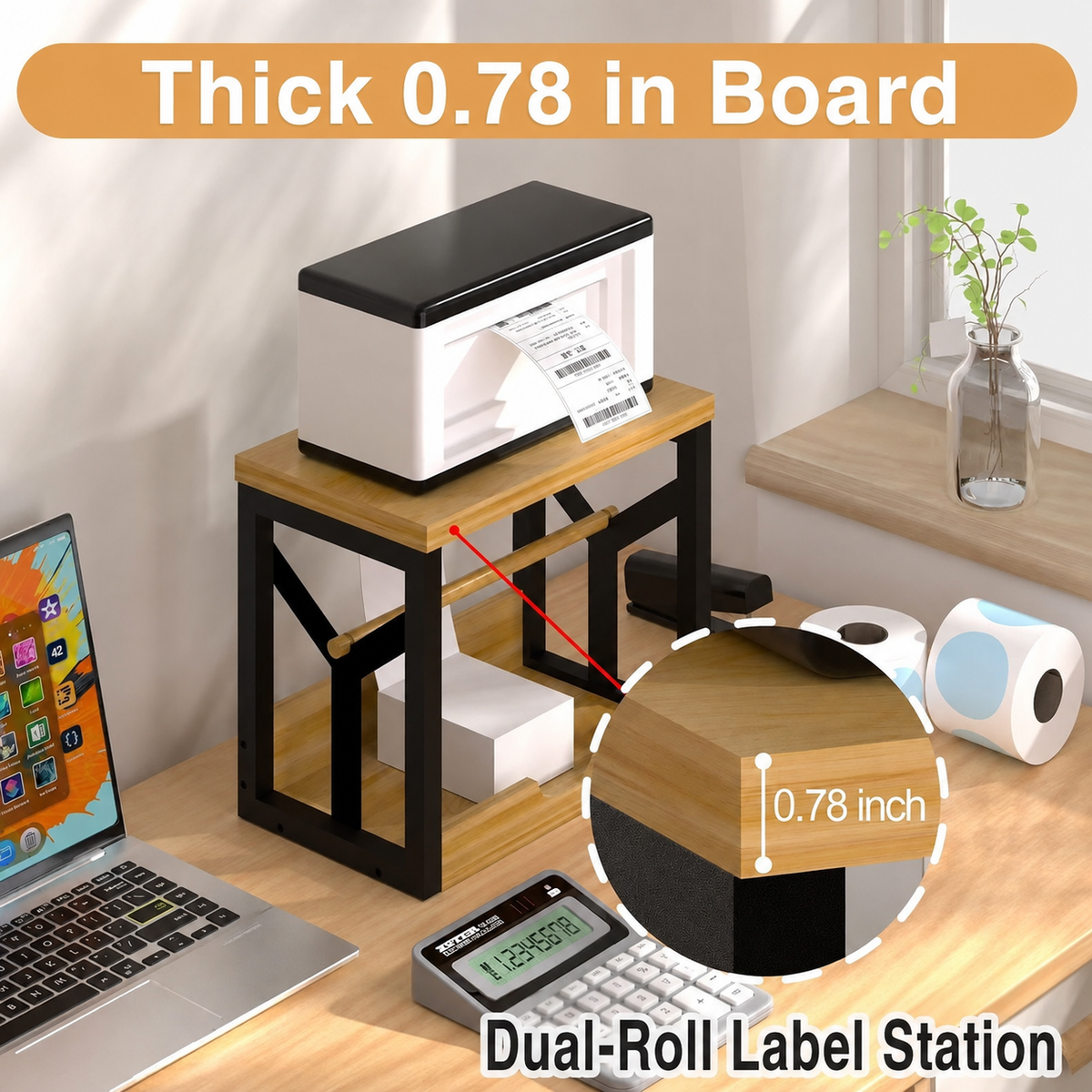 Thick-board wood and metal dual-roll label printer stand with 0.78 inch board