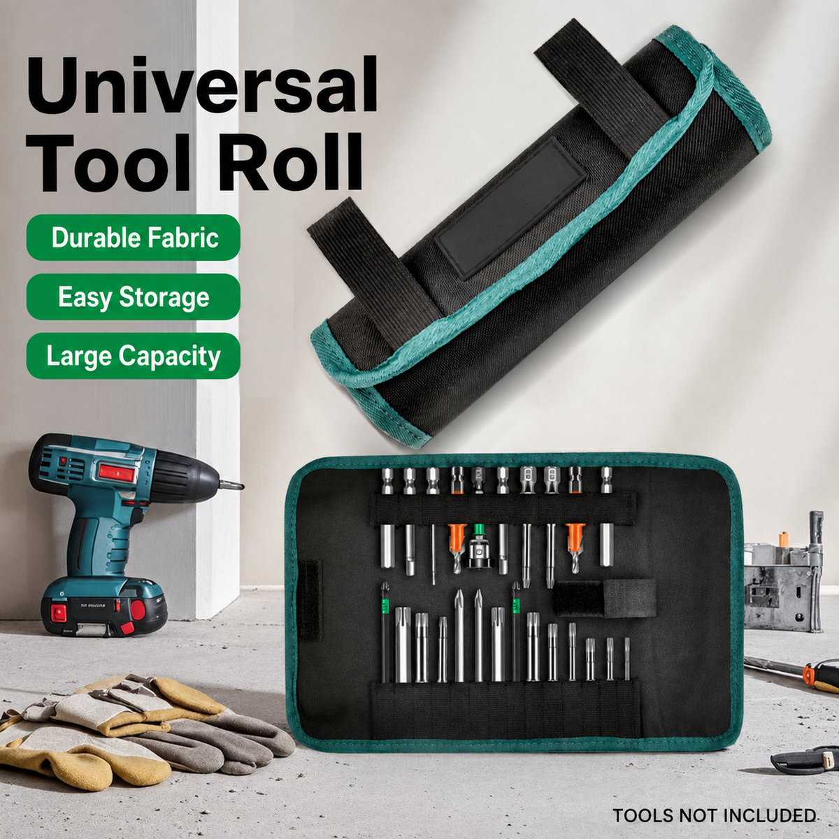 Black and teal universal tool and bit organizer roll, tools not included