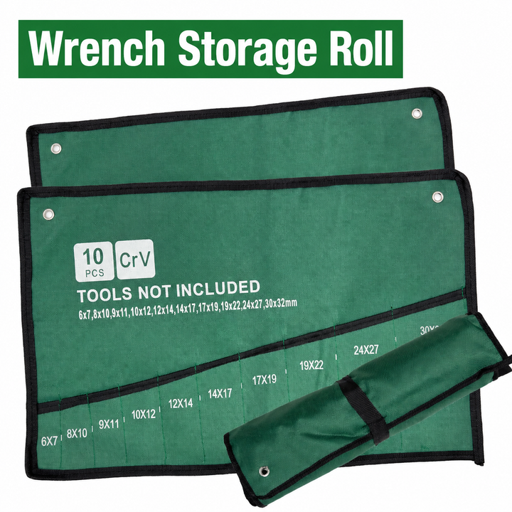 Green 10-pocket wrench storage roll shown open and rolled, tools not included