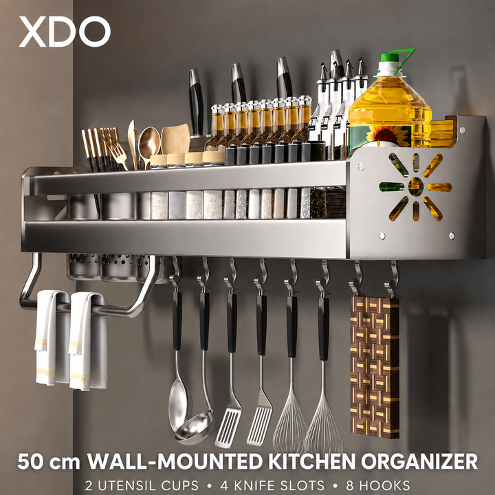 XDO 50 centimeter wall-mounted kitchen organizer with two cups, four knife slots and eight hooks