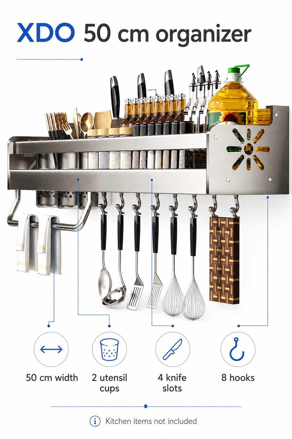 XDO 50 cm organizer with two utensil cups, four knife slots and eight hooks