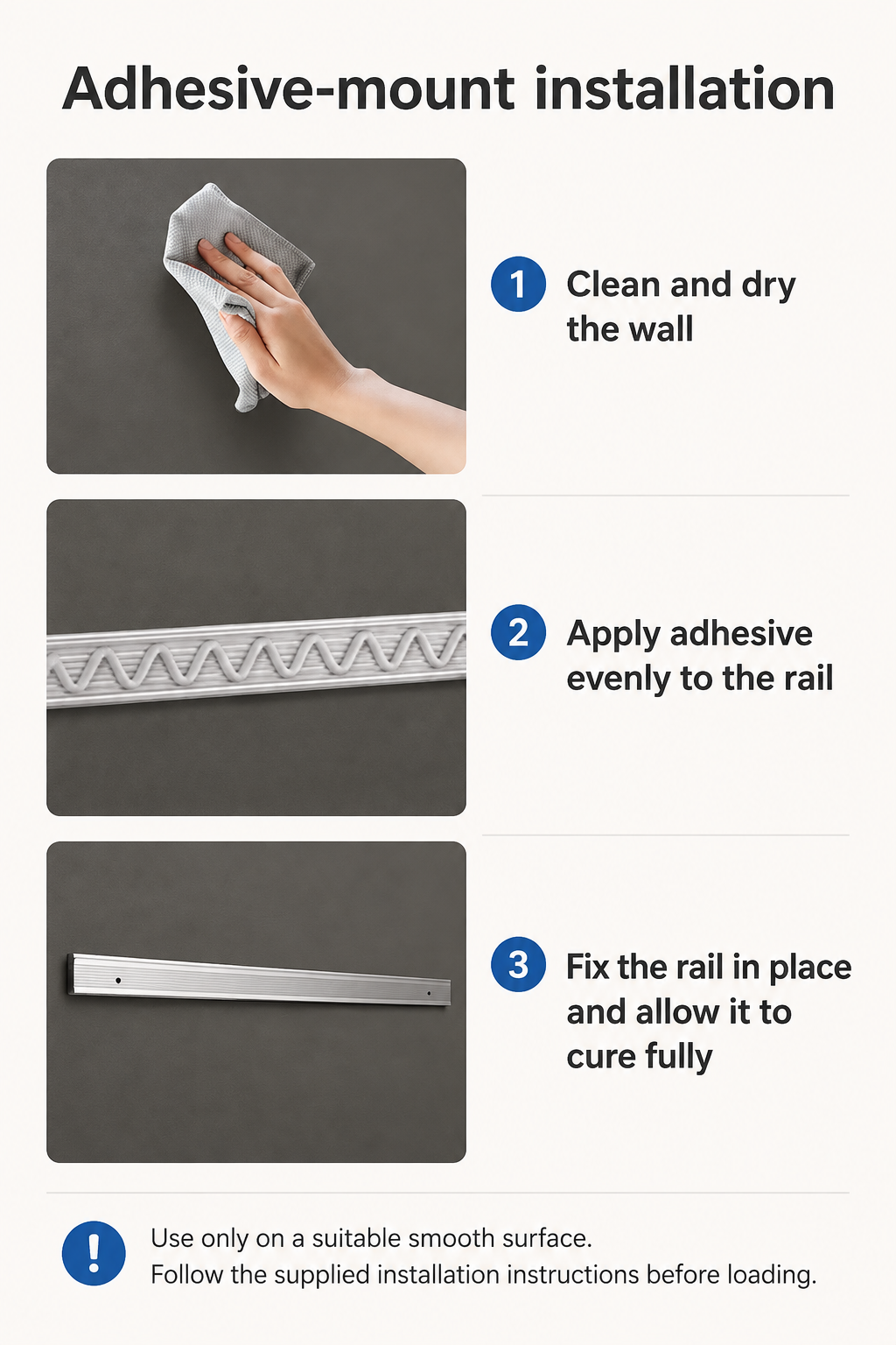 Three-step adhesive-mount installation guide for the XDO organizer